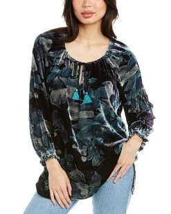 Johnny Was Glowing Iris Bishop Sleeve Peasant Silk-Blend Blouse Women