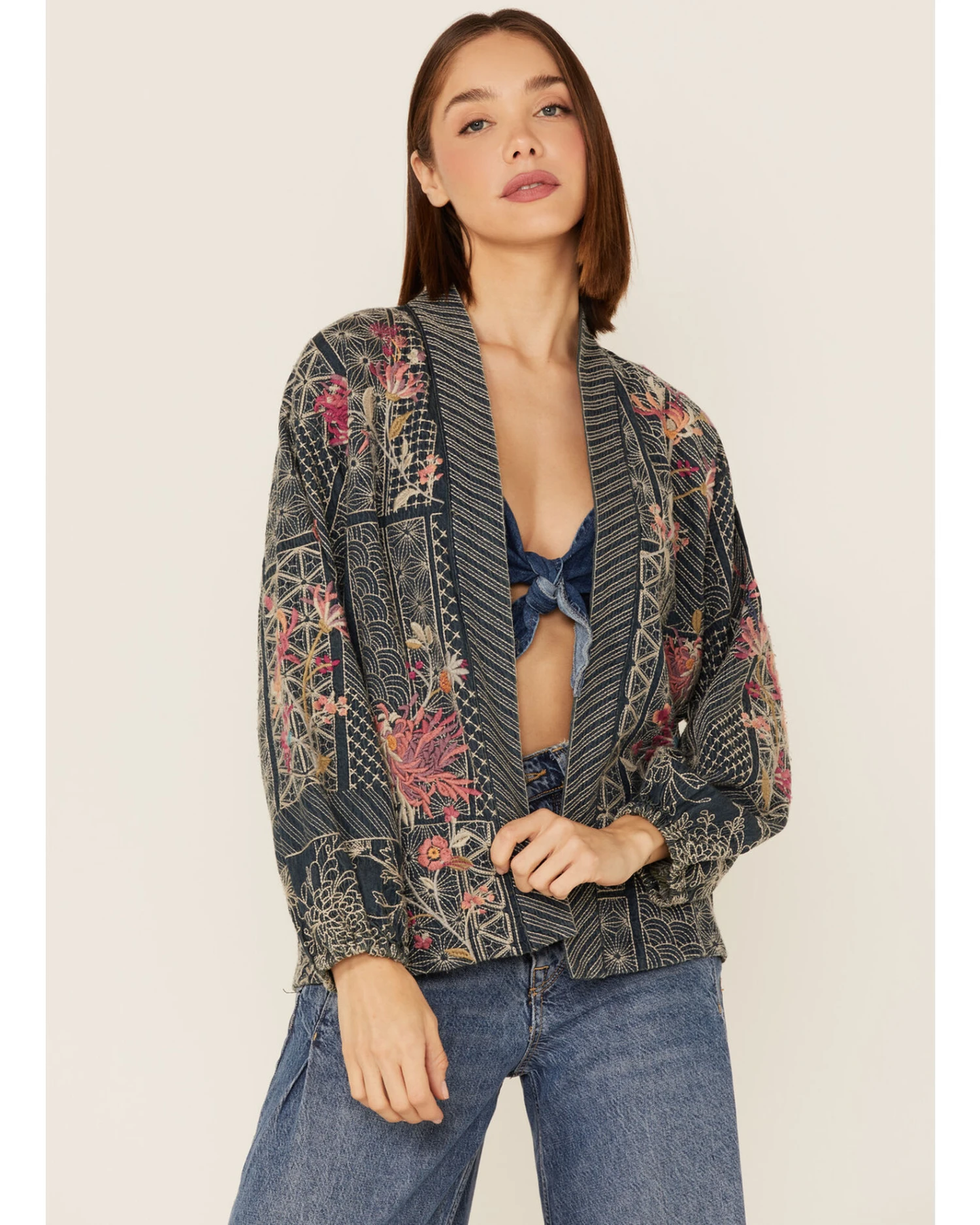 Johnny Was Women's Viviana Bishop Sleeve Denim Kimono 3 Johnny Was Women's Viviana Bishop Sleeve Denim Kimono