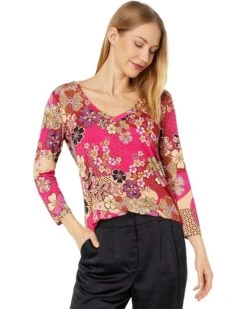 Johnny Was Yama Favorite 3/4 Sleeve V-Neck Swing Tee